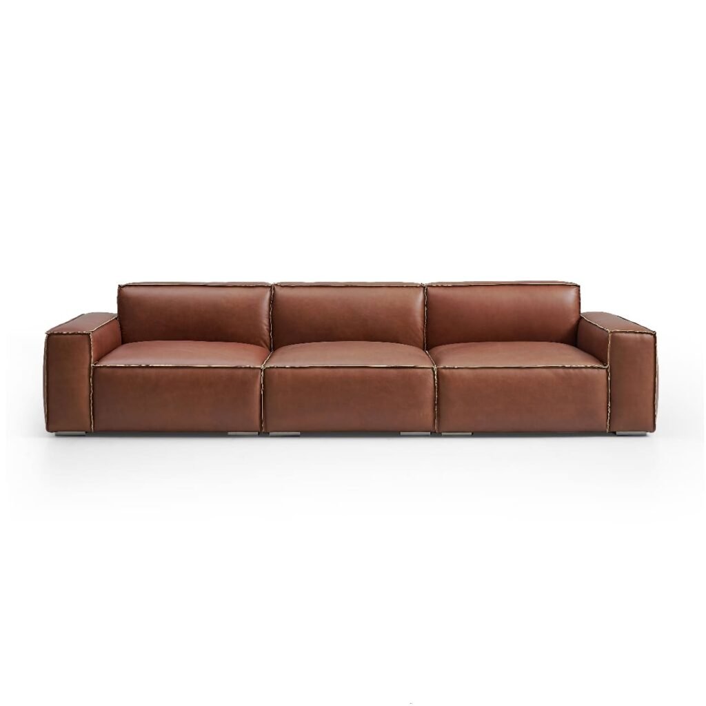 Classic Modular Cowhide Leather Sofa with Block Design